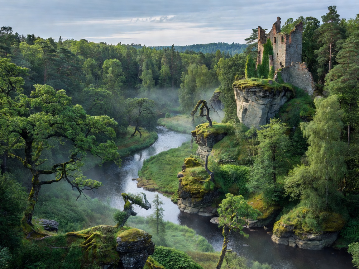 Ancient forest valley and medieval river vista in Gauja National Park