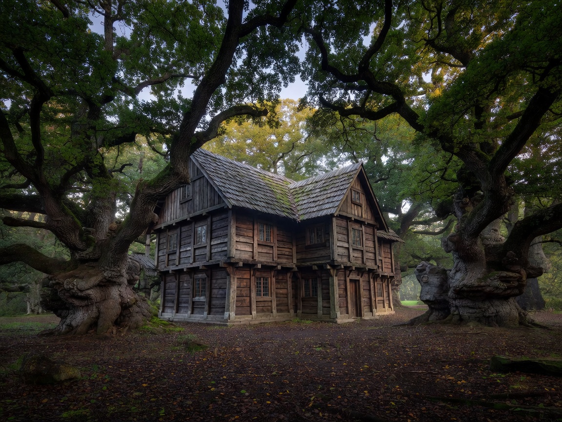 Centuries old oak timber manor surrounded by ancient trees in Ungurmuiza