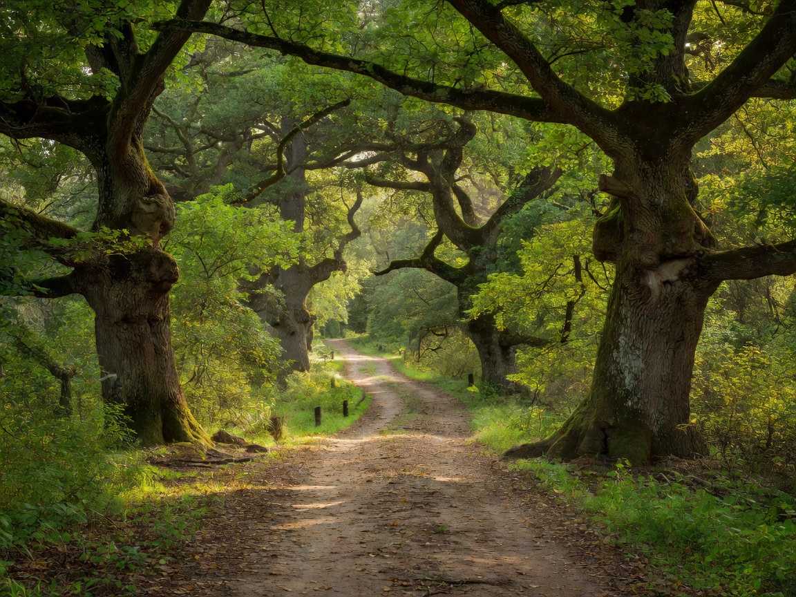 Centuries old oak trees and forested estate path at Ungurmuiza