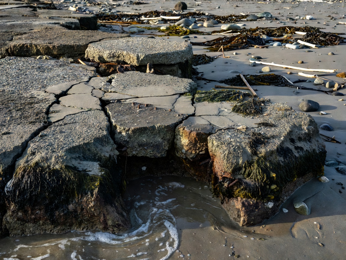 Detail of decaying concrete and maritime erosion along the beach