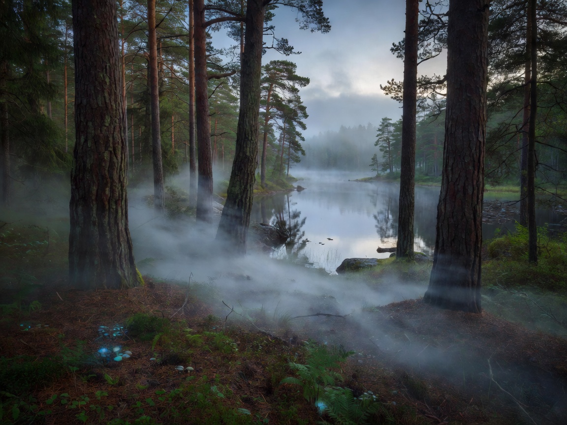 Mystical Pine Forest and Misty Lake in Latvian Wilderness