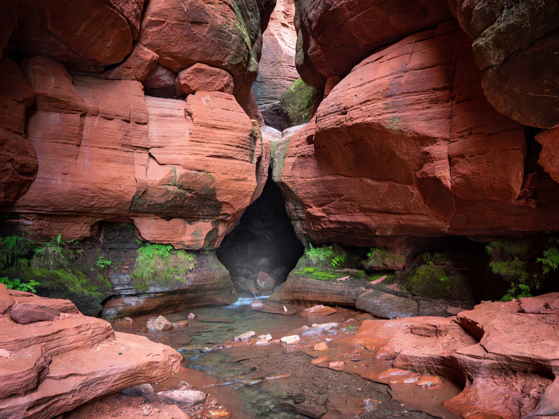 Red Devonian sandstone canyon and underground spring cave in Ligatne