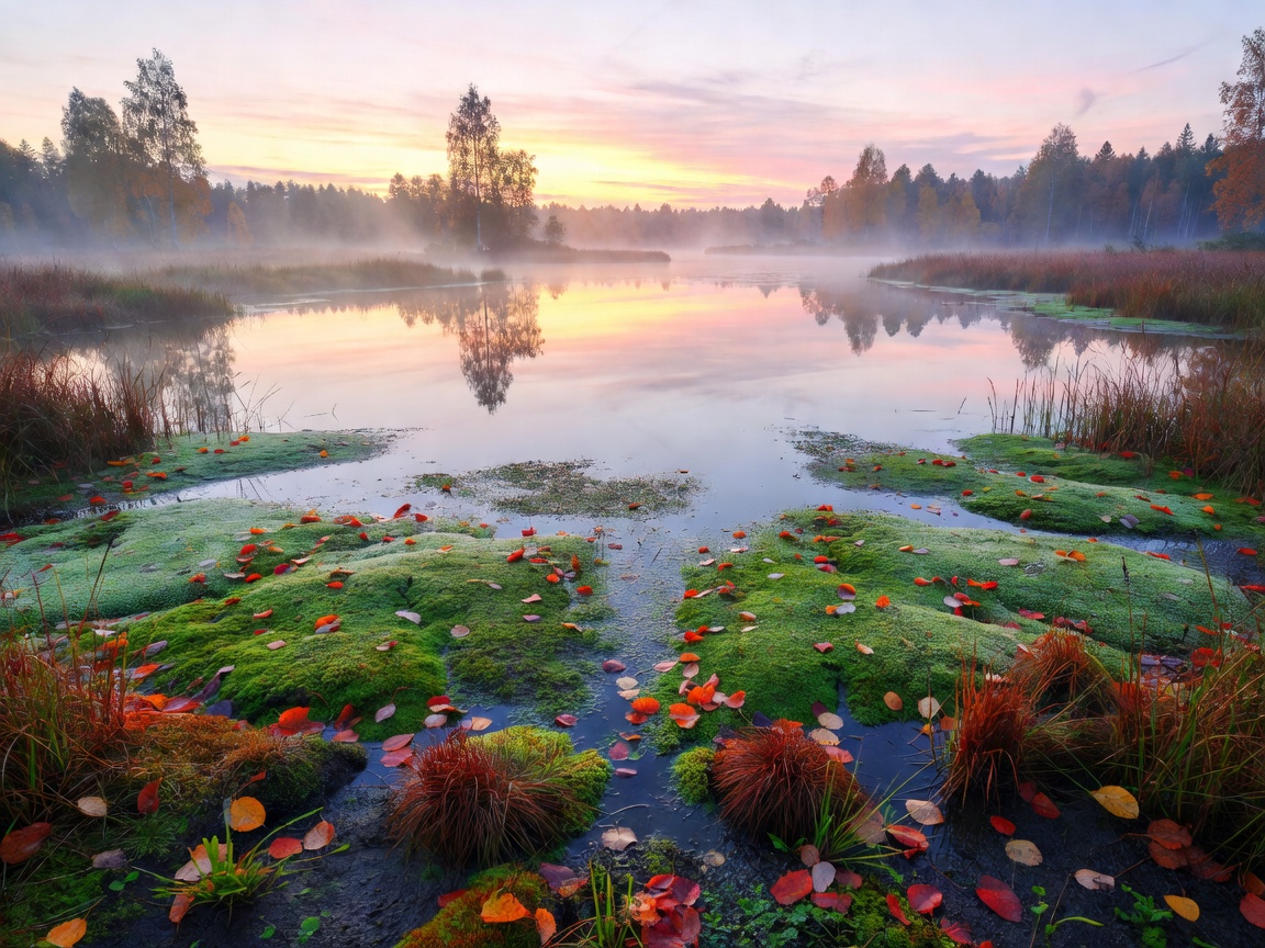 Serene wetland and moss lake during autumn dawn in Kemeri