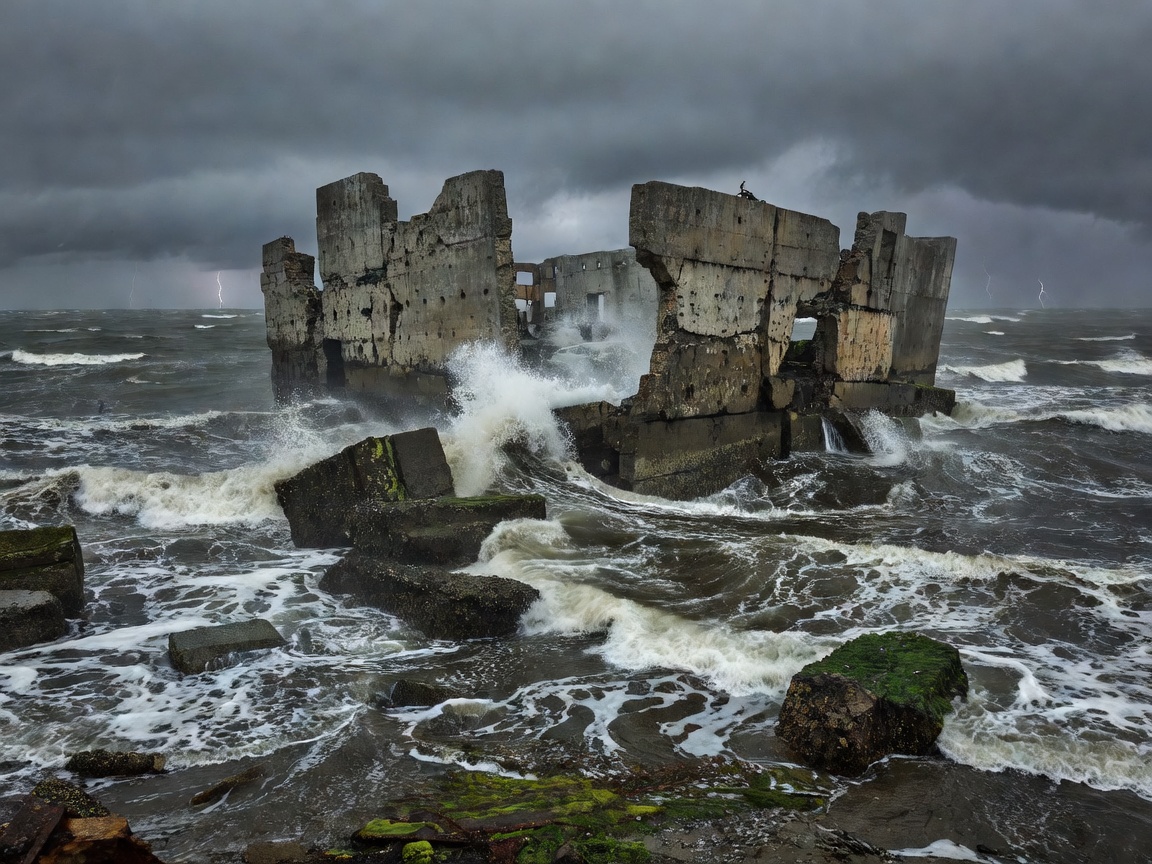 Storm battered concrete fortress ruins sinking into Baltic Sea waves at Karosta