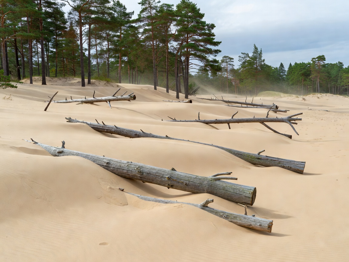 Untouched sand dunes and fallen coastal pine logs in Slitere national park